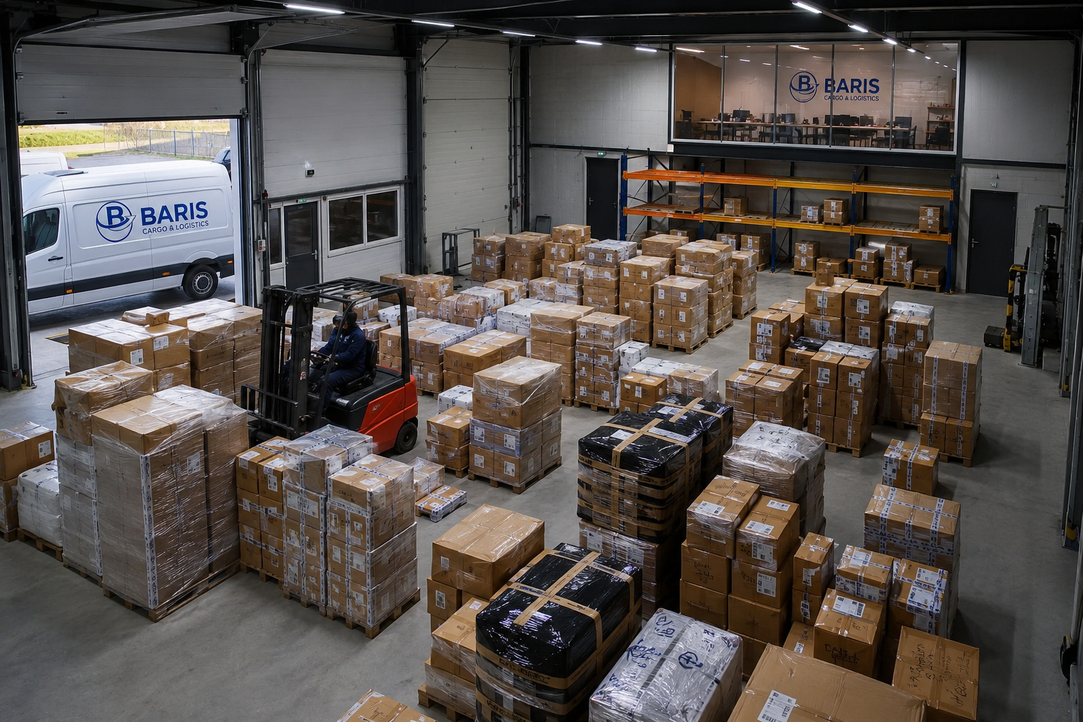 Barış Cargo & Logistics Hollanda deposunda paletli koliler, forklift operasyonu ve Avrupa dağıtımına hazırlanan gönderiler