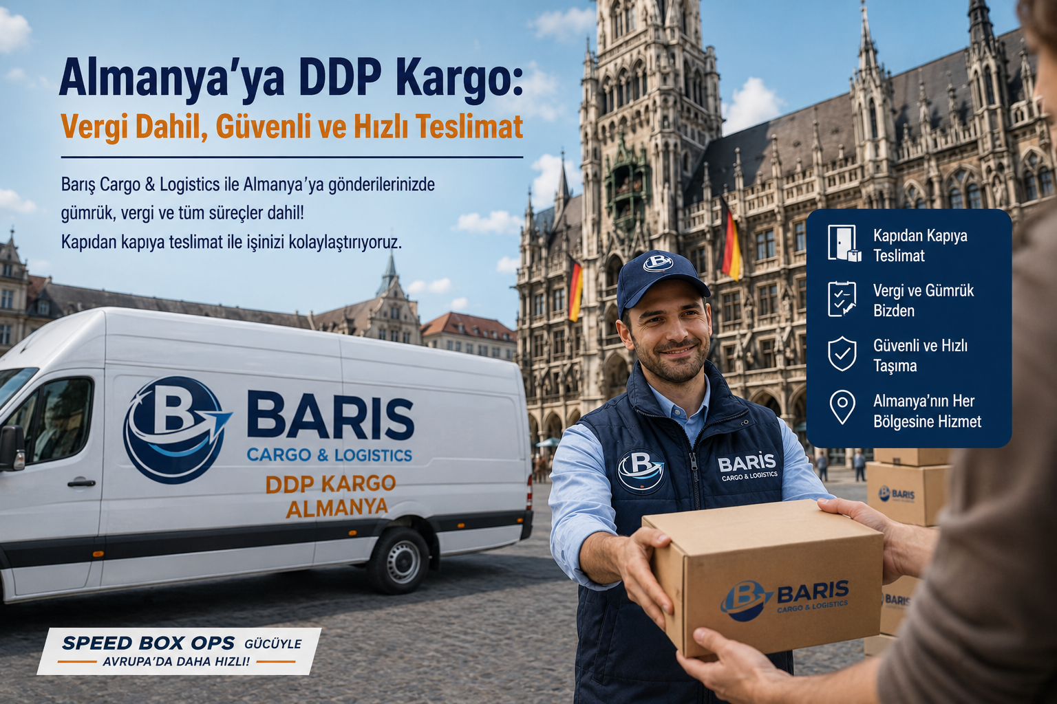 Barış Cargo & Logistics Almanya'ya DDP kargo hizmeti kapsamında Speed Box OPS destekli vergi dahil kapıdan kapıya teslimat gerçekleştiren kurye ve teslimat aracı.