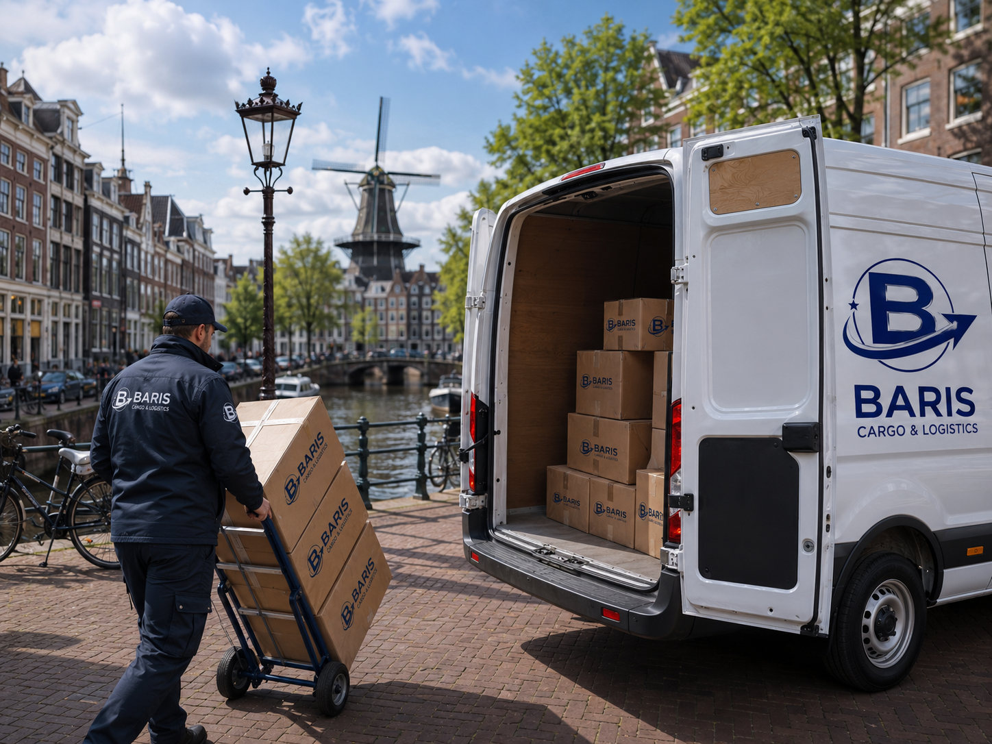 Barış Cargo & Logistics ile Hollanda'ya DDP kargo hizmeti kapsamında kapıdan kapıya teslimat yapan kurye ve teslimat aracı.